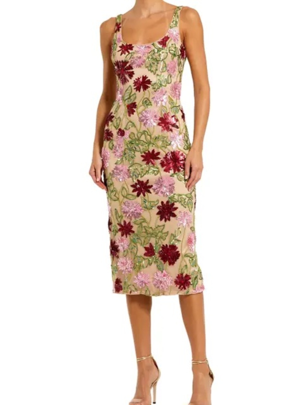 Mac Duggal Beige Midi Dress with Pink, Burgundy & Green Floral Embroidery